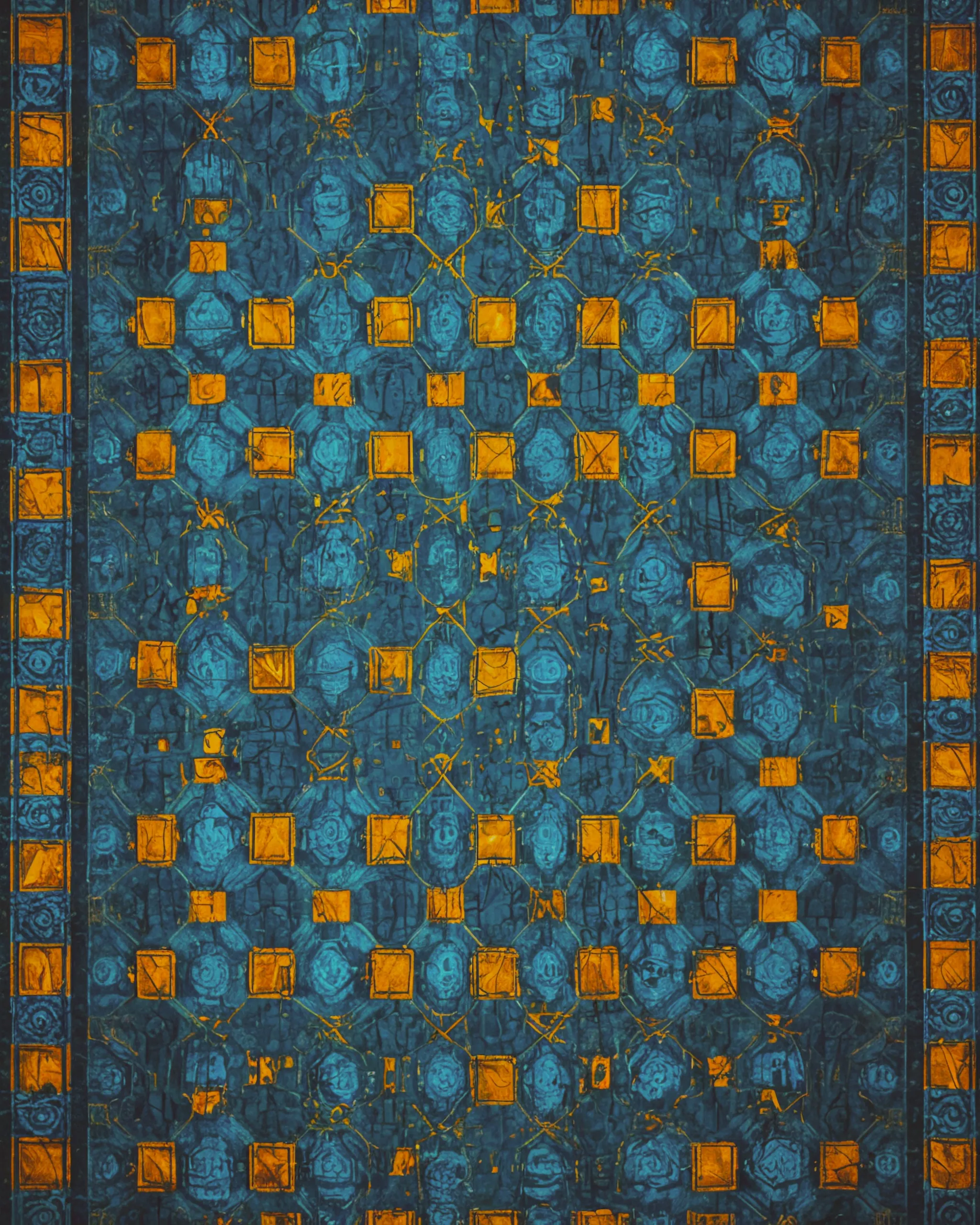 a geometric pattern with blue, yellow and black squares on a blue and yellow background, repeat pattern, symmetric pattern, repeating pattern, cyan and gold scheme, symmetrical sticker design, art deco pattern, black cyan gold and aqua colors, repeating fabric pattern, yellow and blue and cyan, blue and black scheme, central symmetrical composition, geometric pattern, symmetrical patterns, seamless pattern :: symmetry, shipibo patterns, cyber patterns, geometric design, sci fi patterns, pattern art, abstract design. blue