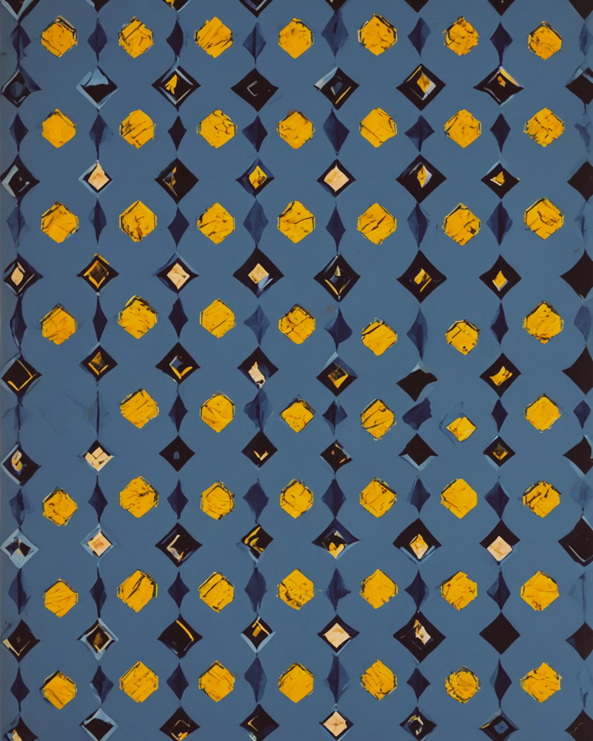 A colorful geometric pattern featuring octagonal and diamond shapes outlined in black against a bright blue background. Each octagon contains a mix of vertical and horizontal stripes in pastel blue and yellow, with a checkerboard design at the center. The diamonds and elongated shapes enhance the symmetrical arrangement, creating a vibrant, modern aesthetic.