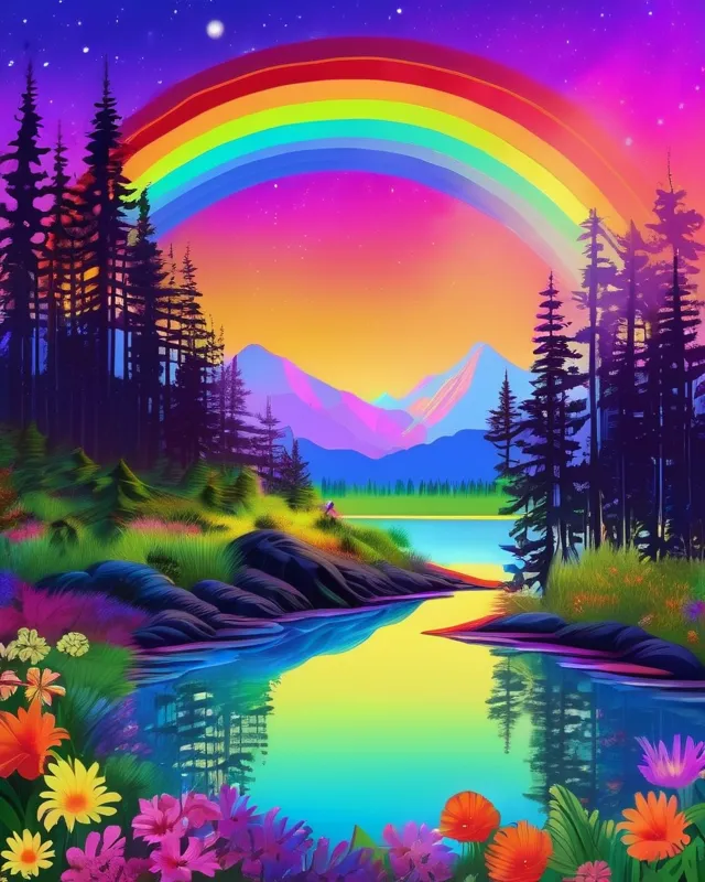 In a rainbow of color and fauna I want a scene that is out of this world 