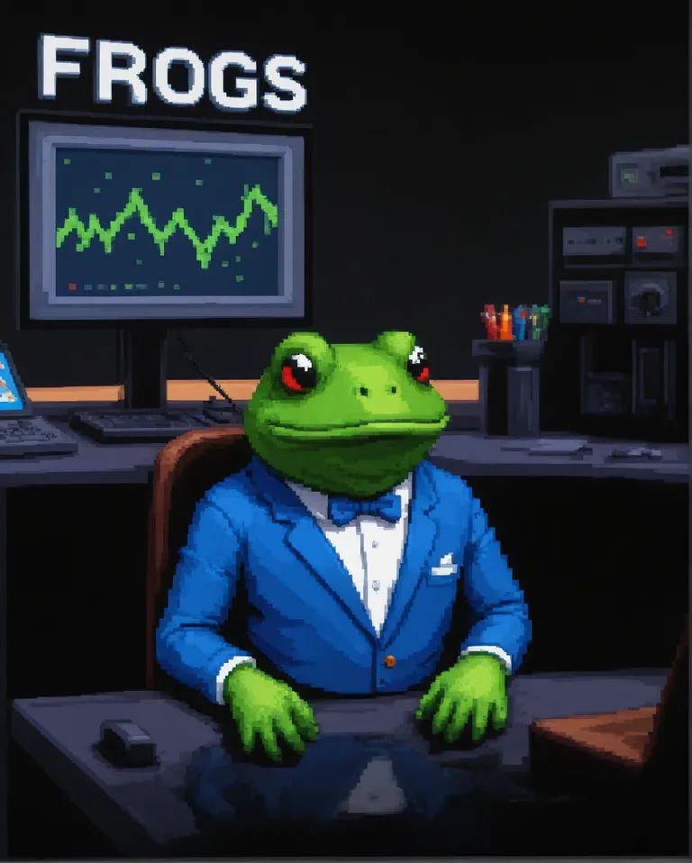 "I need more meme images of this frog in various locations related to trading."