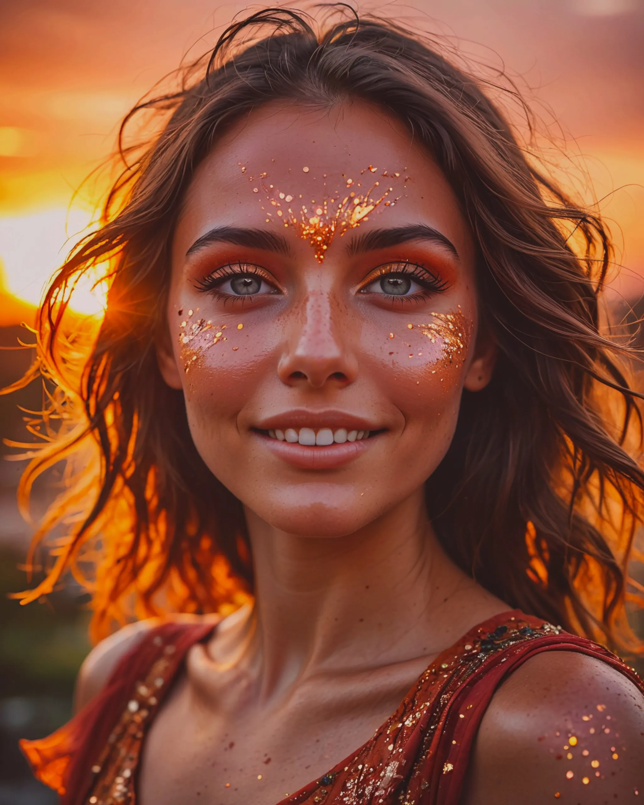 Bright, colorful, sunset reflected in a person's eyes. 