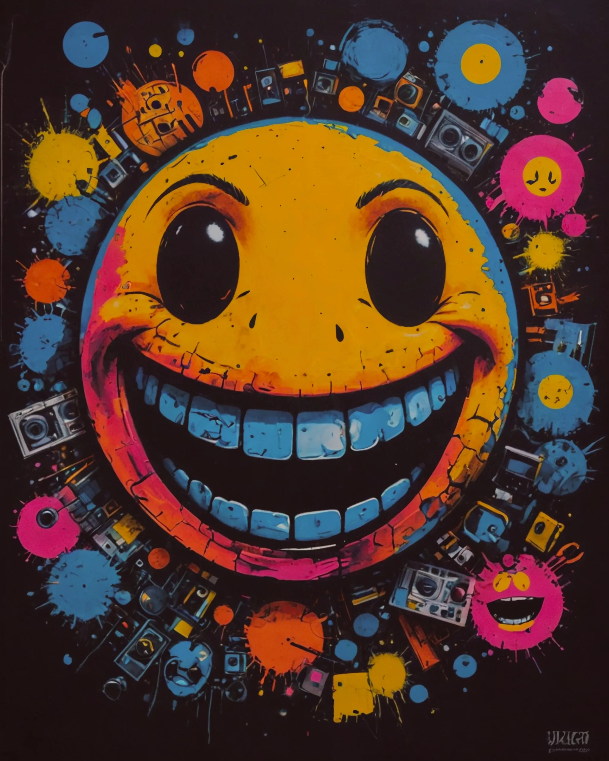 90s Acid House, happy face, psychedelic colours against a black backdrop, pop-art, coloured background, screen printed, collage, vibe, close up, urban art, decay, futuristic, pensive, realistic, alternative street art, manga, cinematic, poster style, graphic novel cover