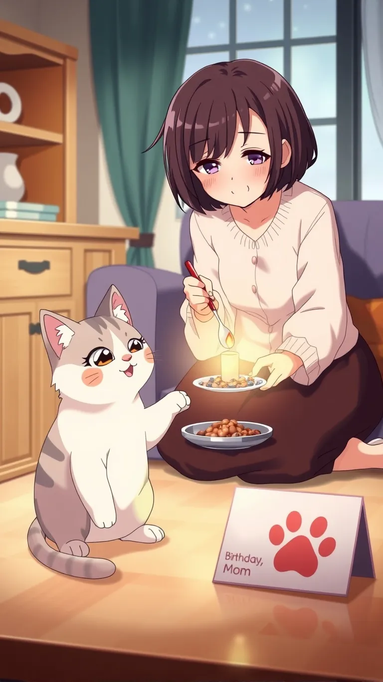 (Nippon Animation), cozy living room atmosphere: A small cat sits in the middle of the room, the cat gives the woman (you can see the happy face and how touched she is by the cat's loving gesture), who is having her birthday, a plate of cat food and a spoon . There's a candle burning on the cat food, giving off a warm glow, and there's also a "Happy Birthday, Mom" sign with a cat's paw print on it. (tiny details: 1.5), dynamic poses