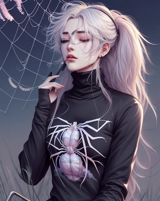 Lady sleeping on her side in the Grass with Spider Lily, Wearing turtleneck, Wearing Leggings, Wearing a lightweight knitted Jacket, Wearing Cap, Wearing High tops Shoes, Looking at the sky on Deep Thoughts, digital painting,  digital illustration,  extreme detail,  digital art, fantasy art, beautiful, landscape, mysterious, vapor, coloured pencil