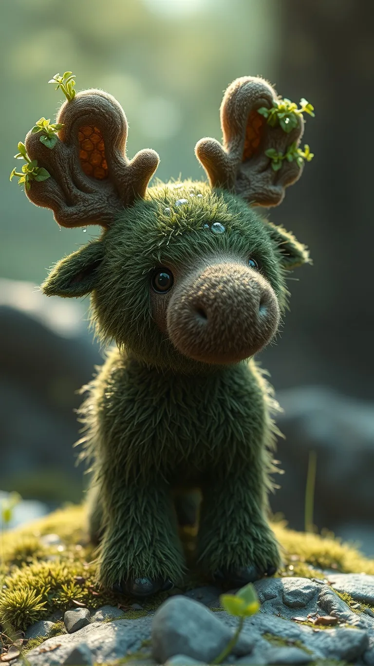 Cute adorable fluffy moss moose like creature with foliage growing, made out of moss, dew drops, Breathtaking Fantasycore Artwork, Intricate Photography, A Masterpiece, 8k Resolution Artstation, Unreal Engine 5, Cgsociety, Octane Photograph