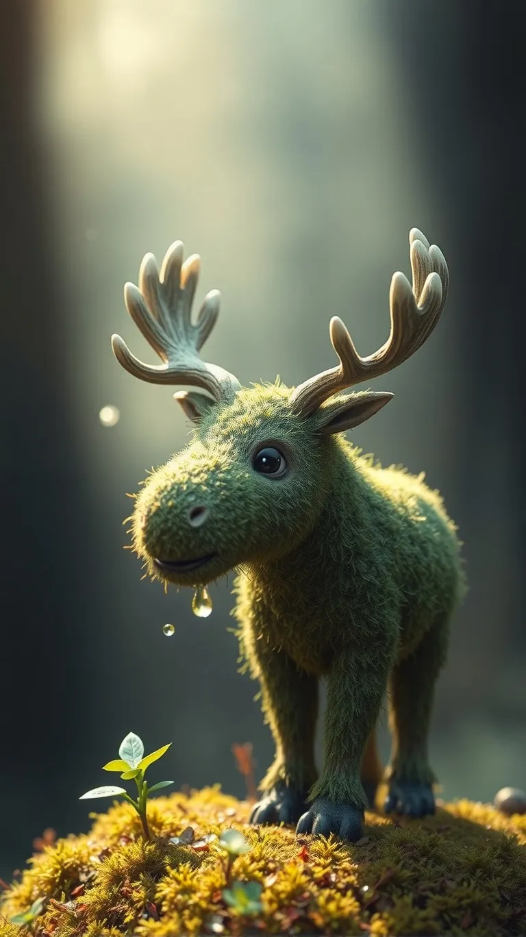 Cute adorable fluffy moss moose like creature with foliage growing, made out of moss, dew drops, Breathtaking Fantasycore Artwork, Intricate Photography, A Masterpiece, 8k Resolution Artstation, Unreal Engine 5, Cgsociety, Octane Photograph