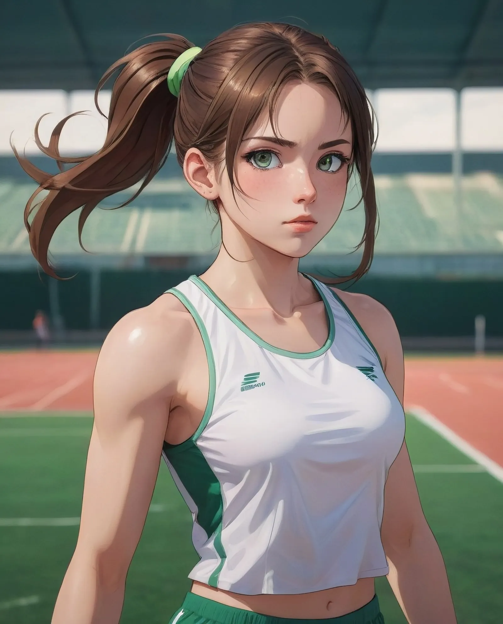 Pretty anime girl athlete. Track and field. White top and green shorts. Determined expression. Brown hair pulled into a pony tail. Athletic body, arms,  and shoulder. Sports field background. Trending On Artstation, Anime Style Girl With Ultra Detailed Delicate Face, Big Expressive Eyes, Gorgeous Hair,  Soft Glow, Anna Dittmann, Fantasy Art, Hyperrealism, Astral, Ethereal, Wlop full body image,