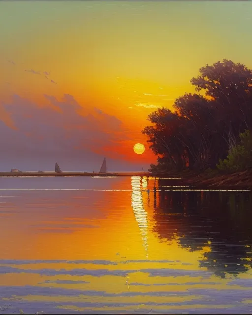 A vibrant sun setting on a serene - Free AI Photo Generator - starryai
