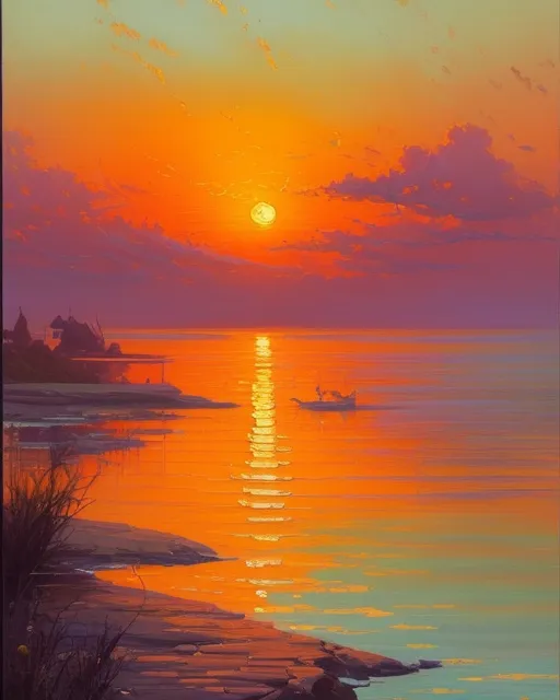 A vibrant sun setting on a serene - Free AI Photo Generator - starryai
