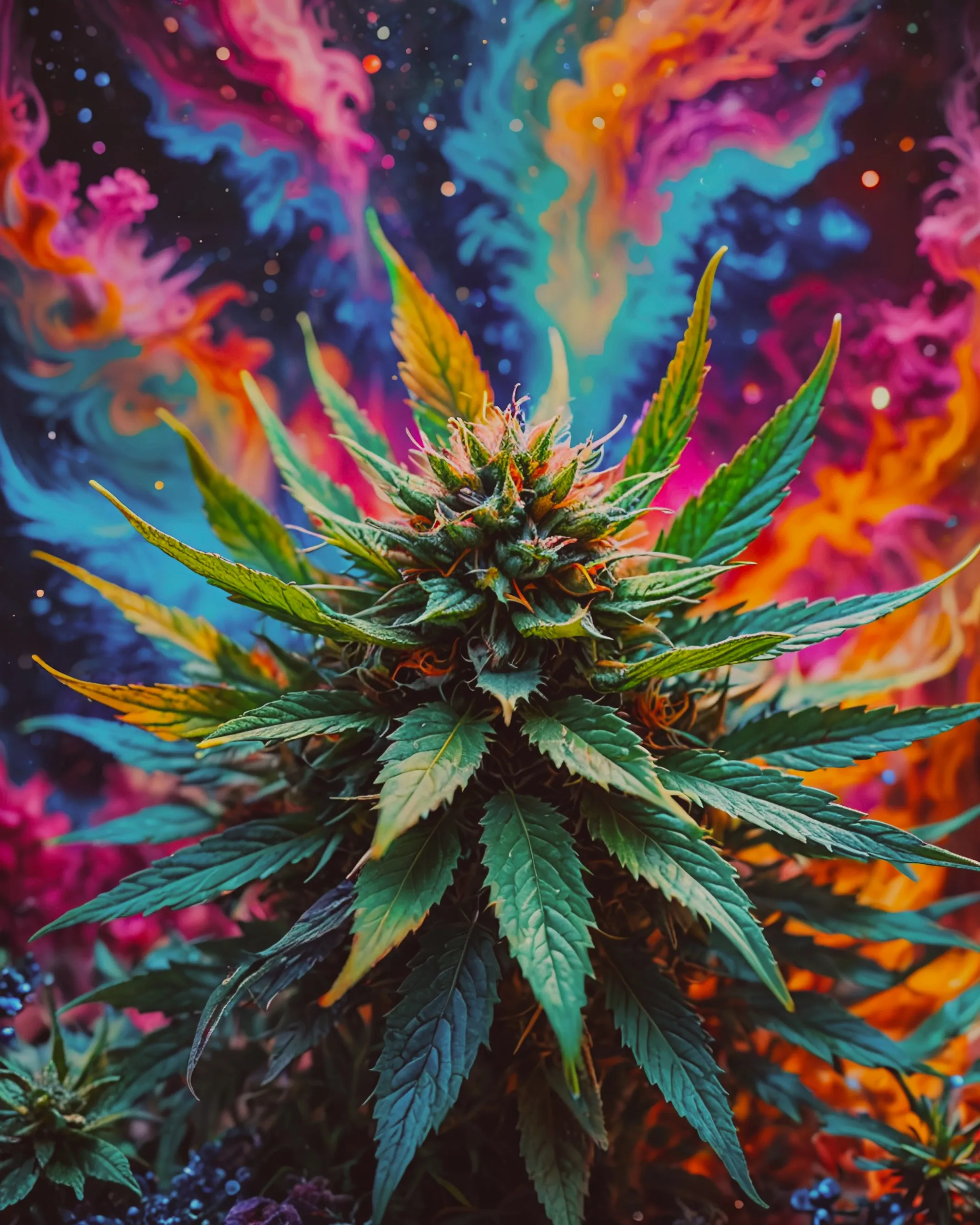 Cannabis flowers and leaves psychodelic in the background  