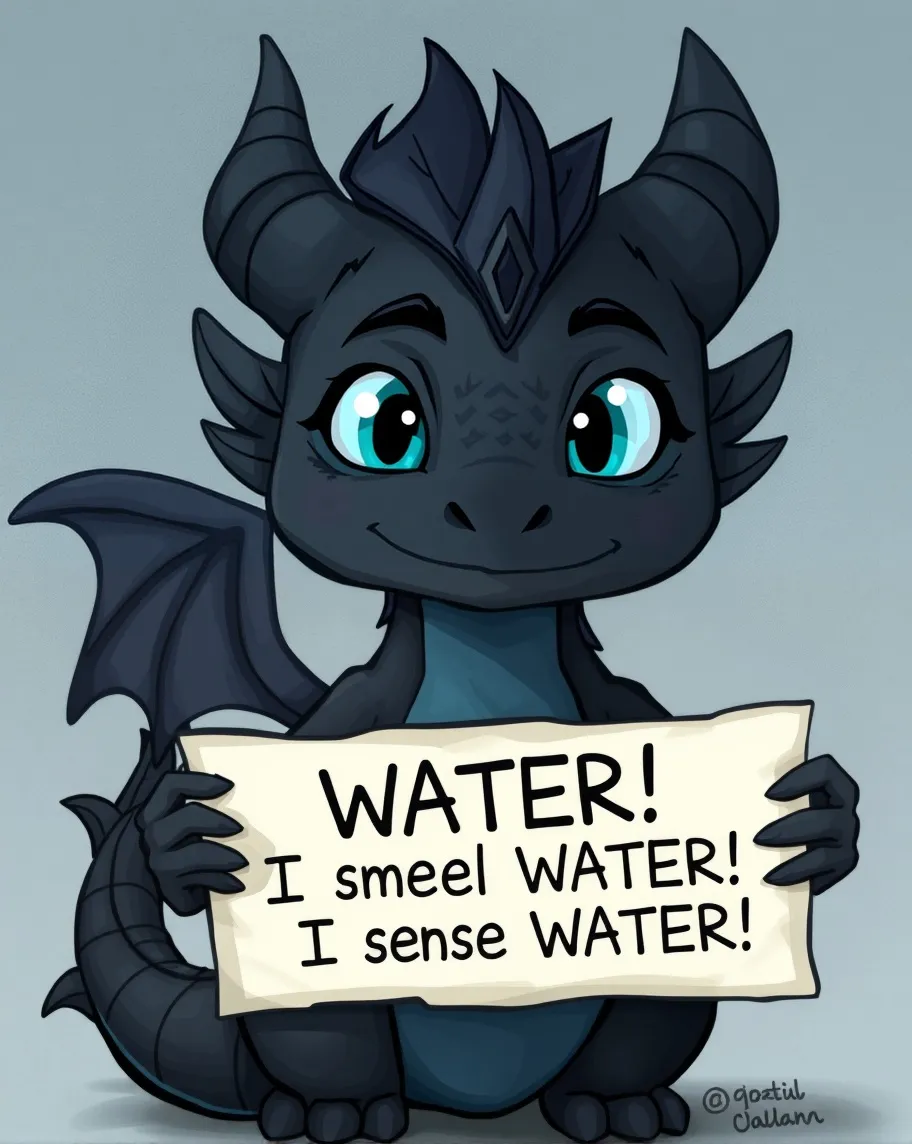 A mischievous dragon with black fur and blue eyes holding a sign that says: “WATER!I smeeeel WATER!I sense WATER”