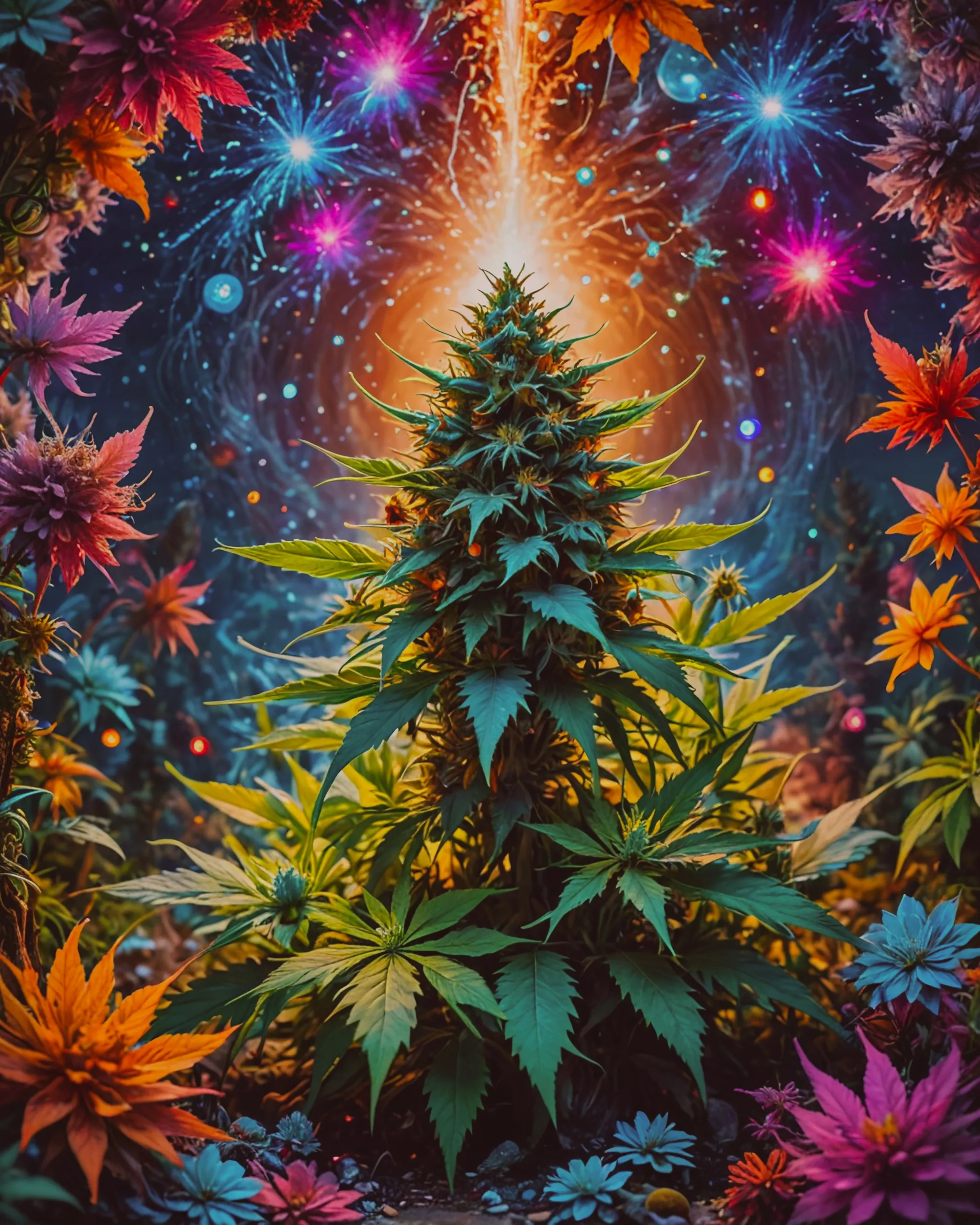 Cannabis flowers and leaves psychodelic in the background  