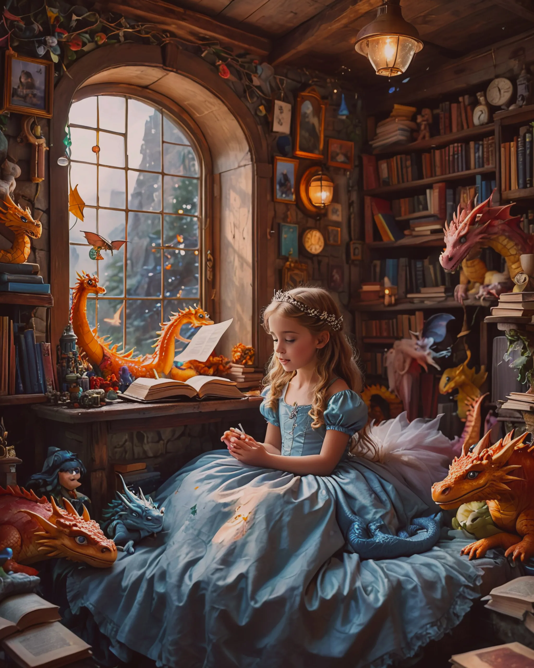 Cute little girl sitting at desk - Free AI Photo Generator - starryai