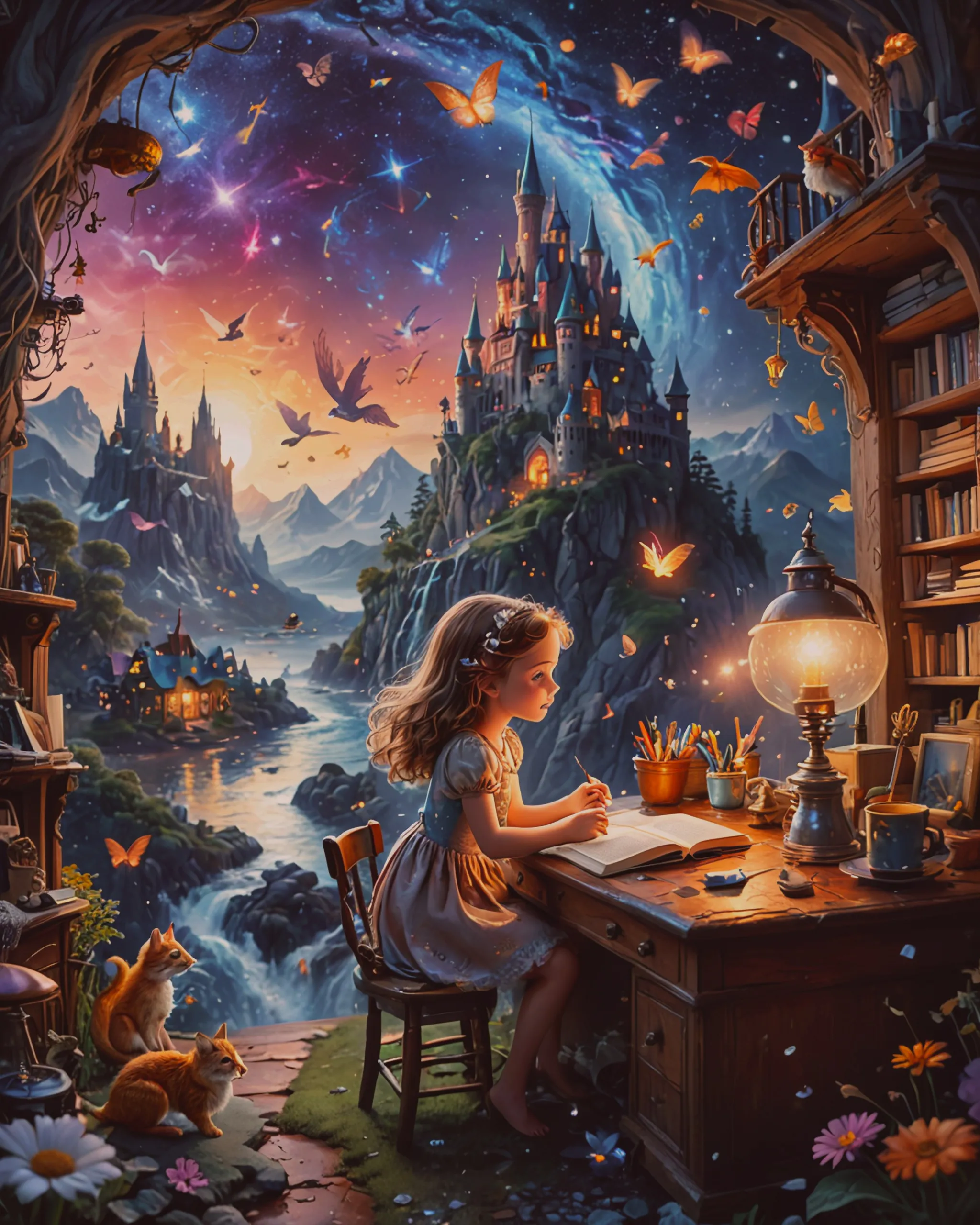 Cute little girl sitting at desk - Free AI Photo Generator - starryai