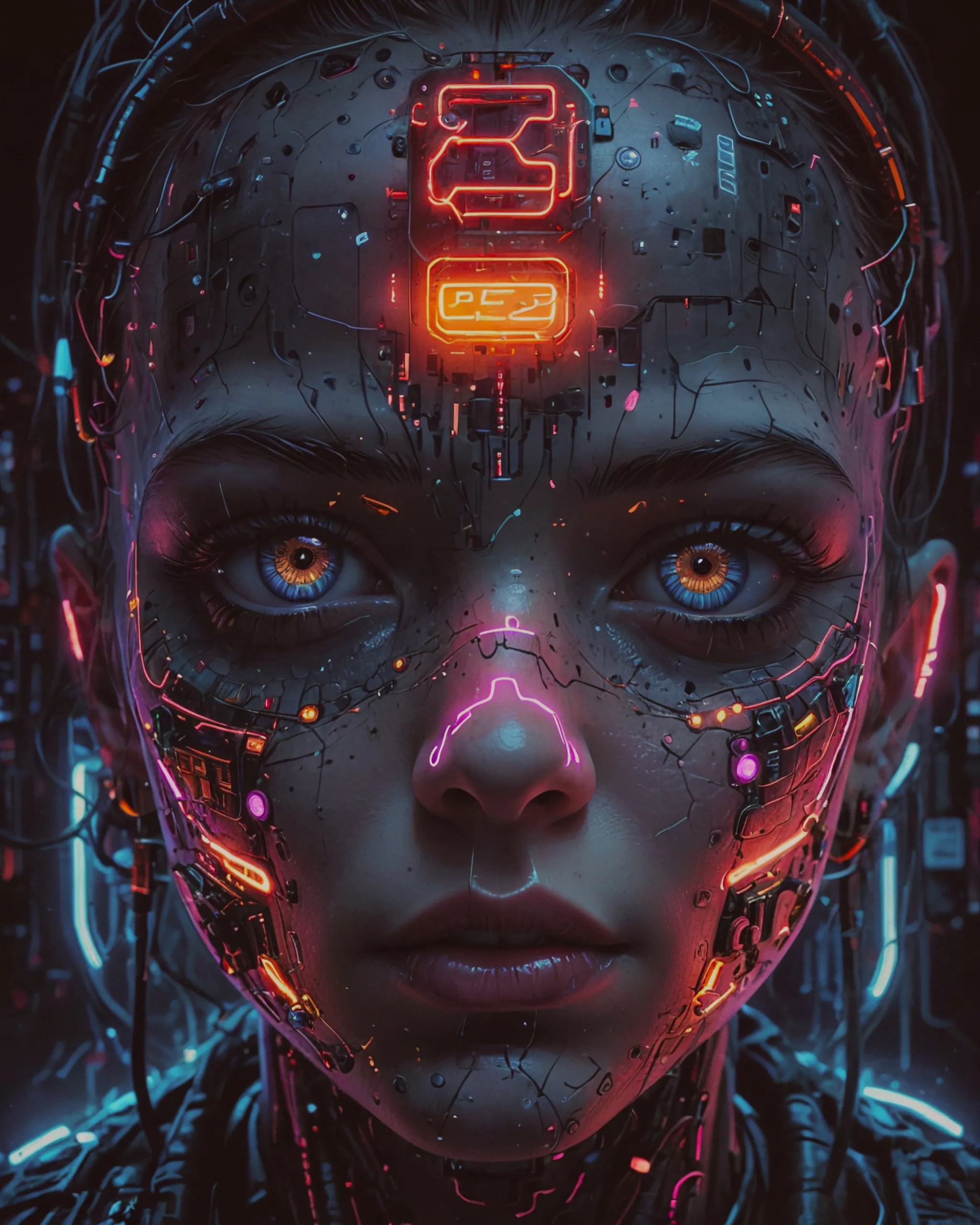 Cyberpunk baby face close up, circuitry, techno, psychedelic, 2077 vibe, graffiti artist, cyber face, cyber club, neon, black light, close up, urban art, decay, futuristic, cyberpunk, realistic, alternative street art, manga, cinematic, poster style, graphic novel cover