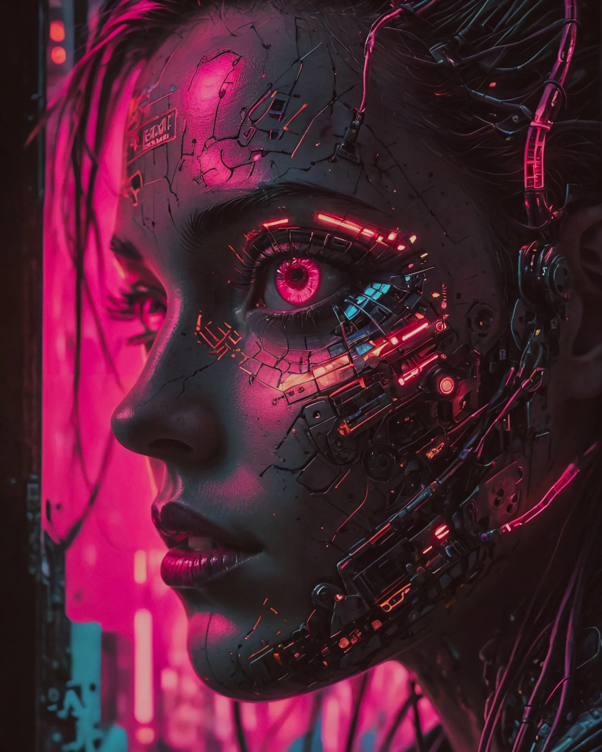 Cyberpunk face close up, hues of pink, cyber pop art, graphic novel cover design, circuitry, techno, psychedelic, 2077 vibe, graffiti artist, cyber face, cyber club, neon, black light, close up, urban art, decay, futuristic, cyberpunk, realistic, alternative street art, manga, cinematic, poster style, graphic novel cover