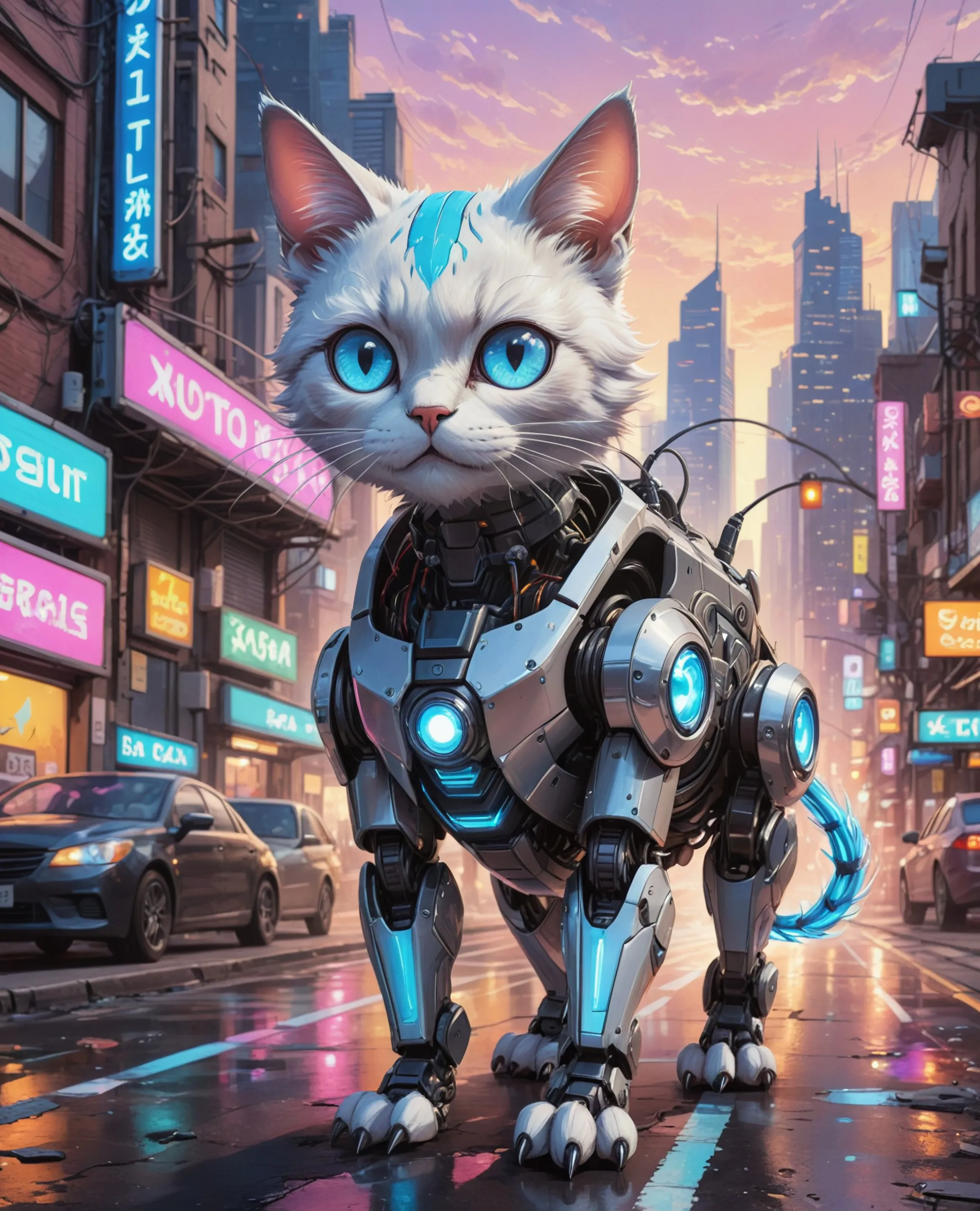 Futuristic robot its cat a walk - Free AI Photo Generator - starryai