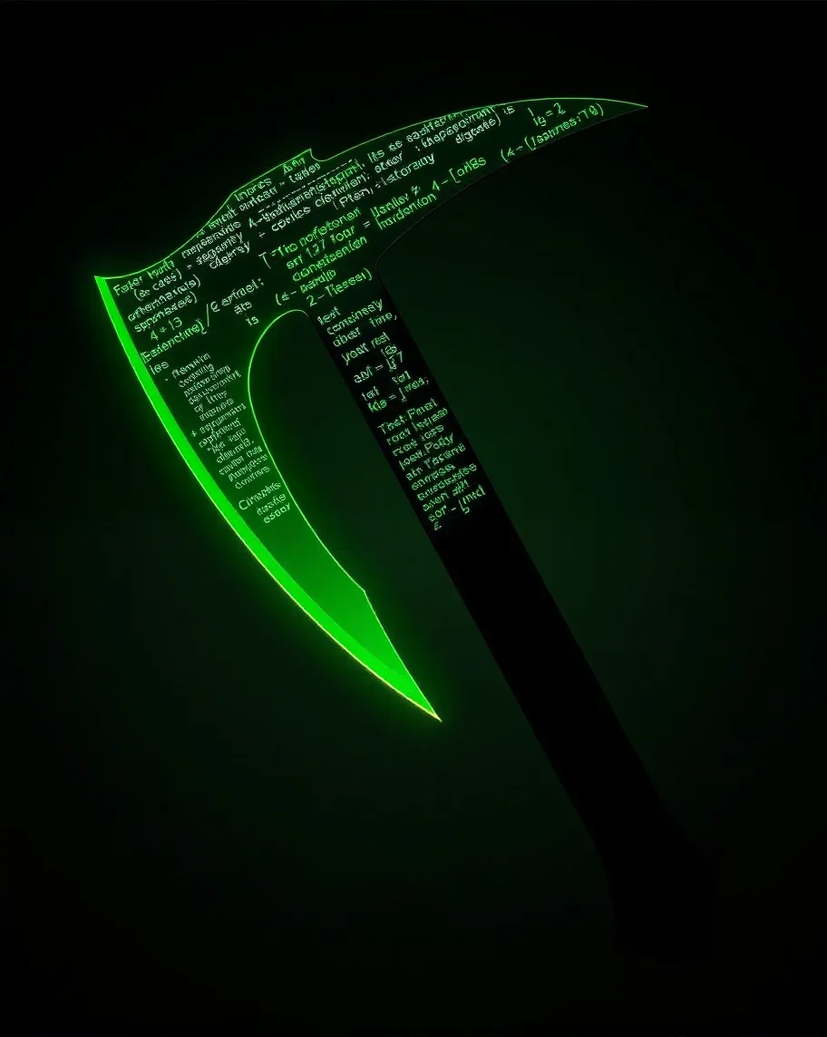 A deadly metal ax with mathematical symbols and python codes engraved in brilliant green, the blade of the ax is chain-shaped.