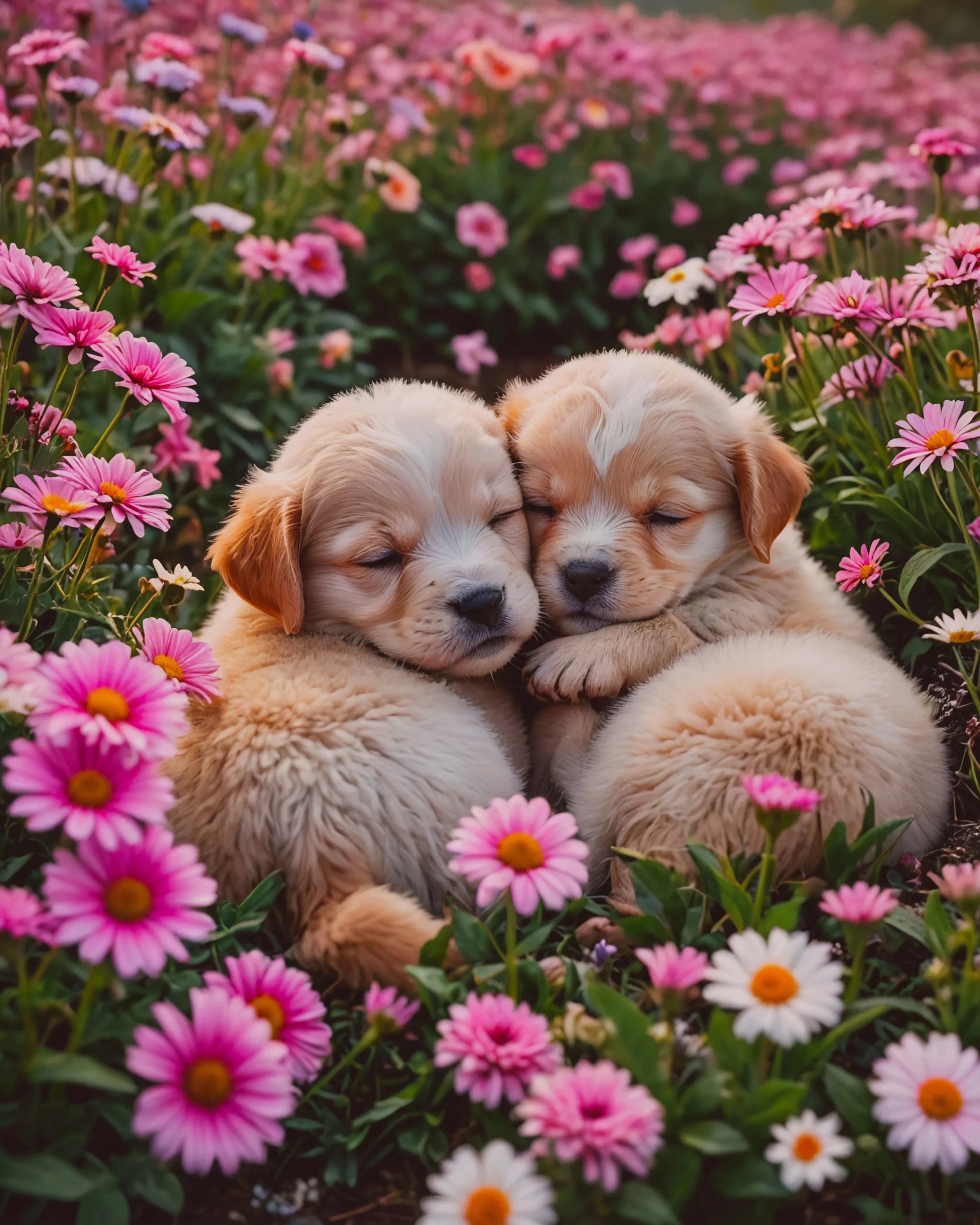 baby puppies sleeping together in a flower field