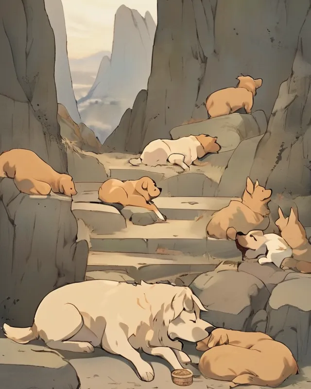 a bunch of dogs in caves and there sleeping in beds on the clifside with mountains in the backround