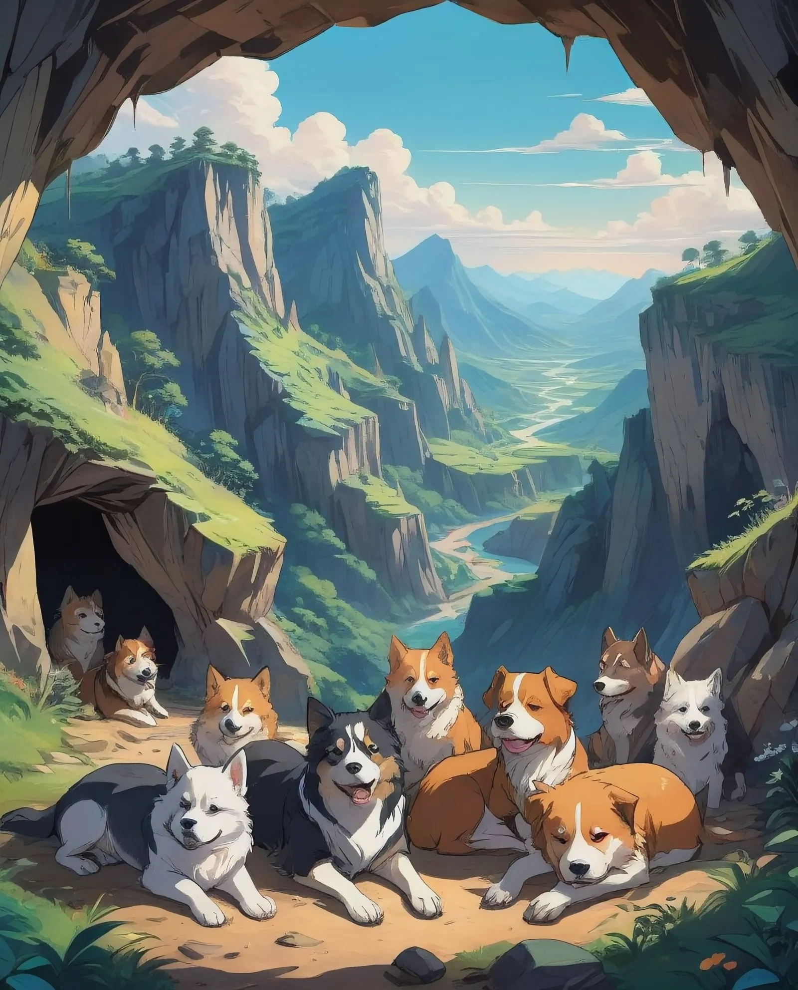 a bunch of dogs in caves and there sleeping in beds on the clifside with mountains in the backround