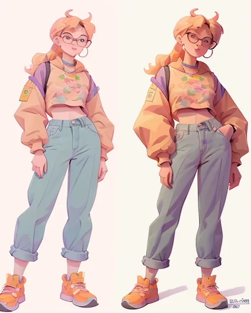 A drawing of a girl with blonde hair and clear purple glasses wearing baggy jeans and a light blue crop top