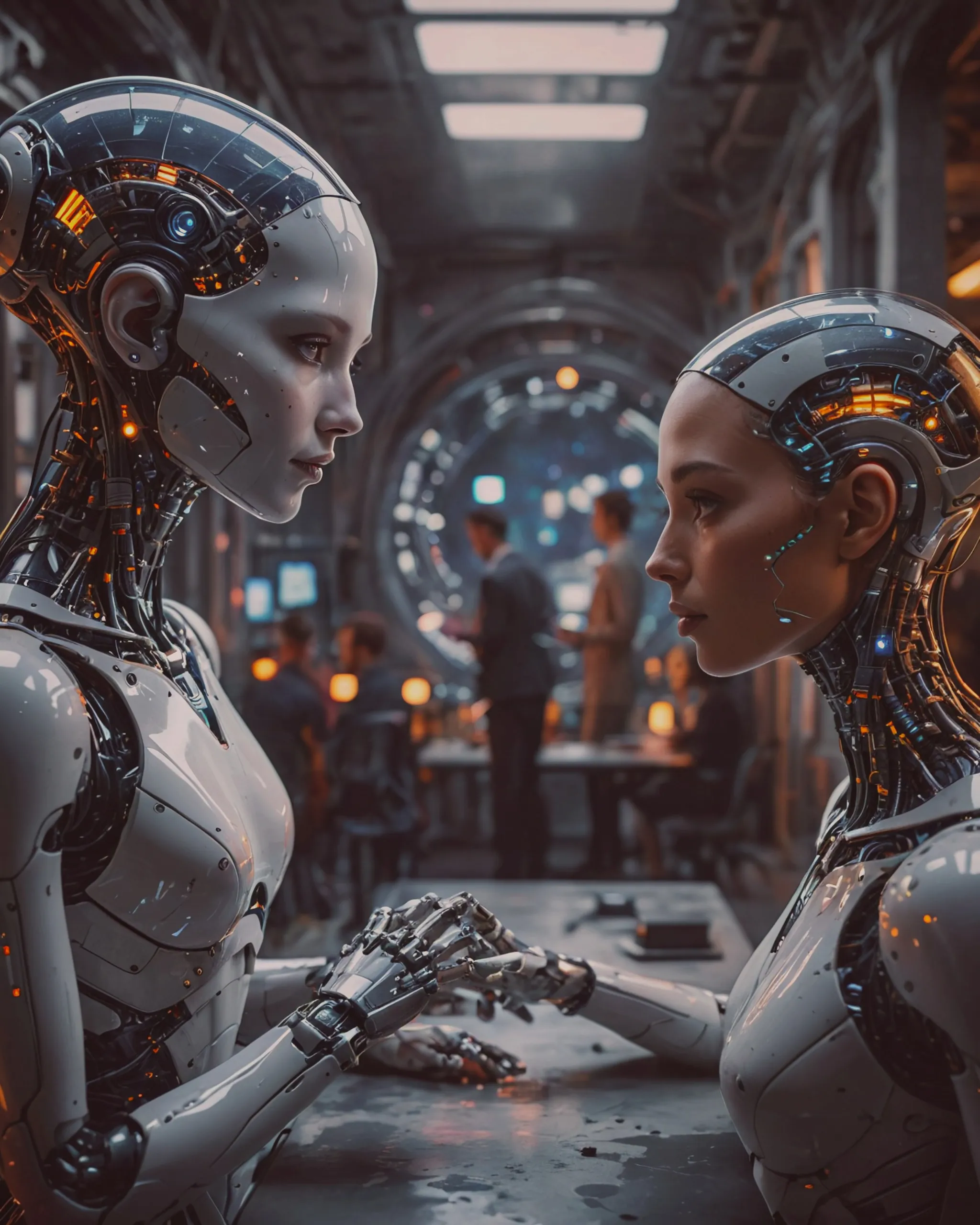 AI and Humans working together in a futuristic society that all creatures are welcome