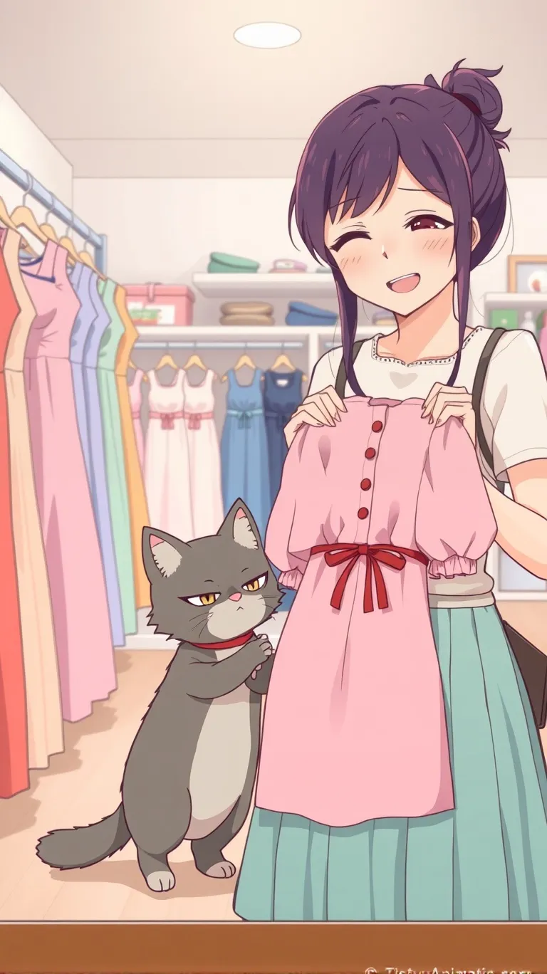 (Nippon Animation), in a clothing store, a woman is with her small gray cat. The cat reluctantly tries on a pink dress with puffy sleeves and appears visibly annoyed, while the woman beams with excitement. (tiny details:1.5), dynamic poses,