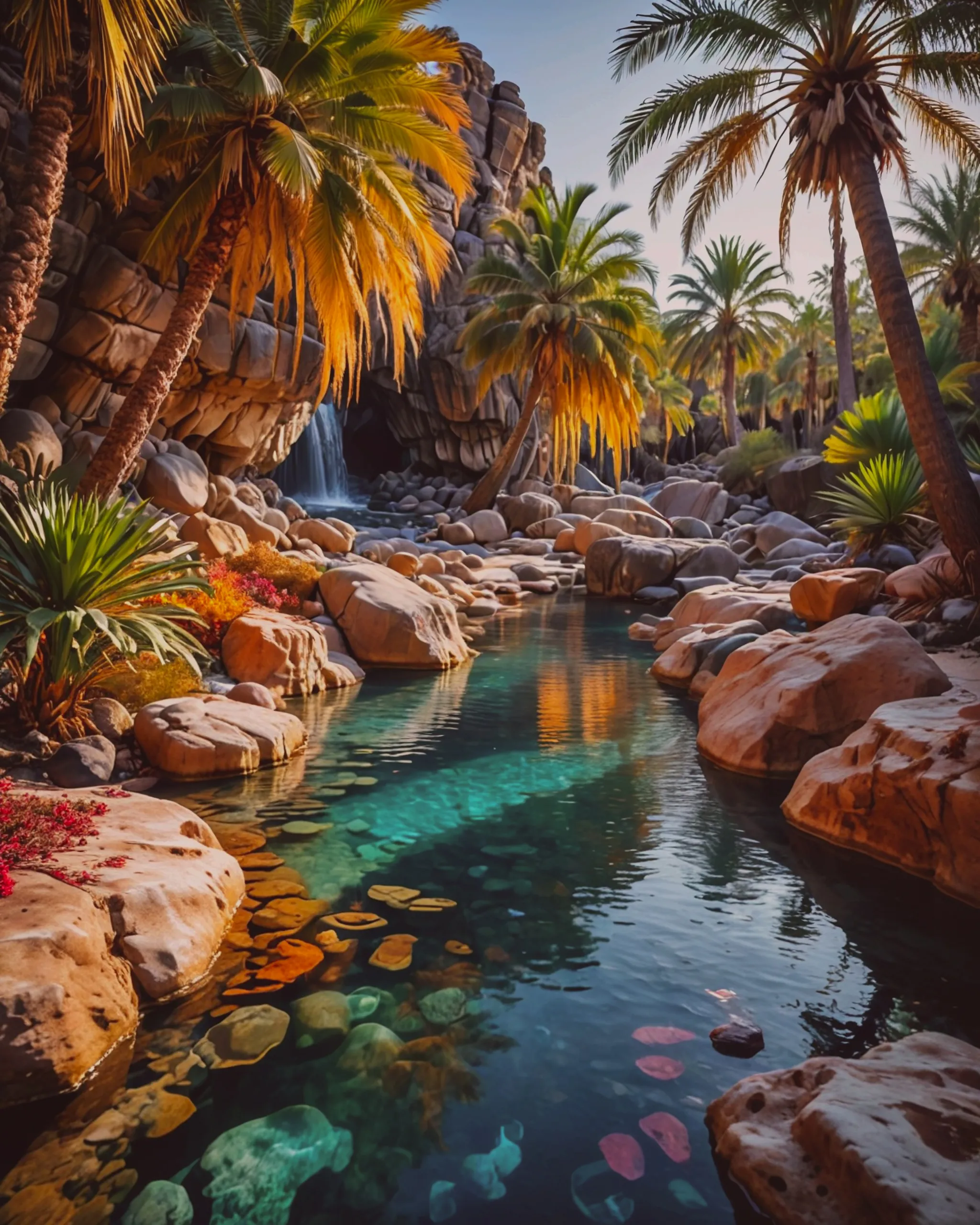 A beautiful oasis made of beautiful crystals and gymstone rocks.  The water is crystalline and pure and there is a cascade of colors surrounding this magnificent grotto oasis.  There are palm trees and desert sands surrounding the beautiful oasis beaches.  