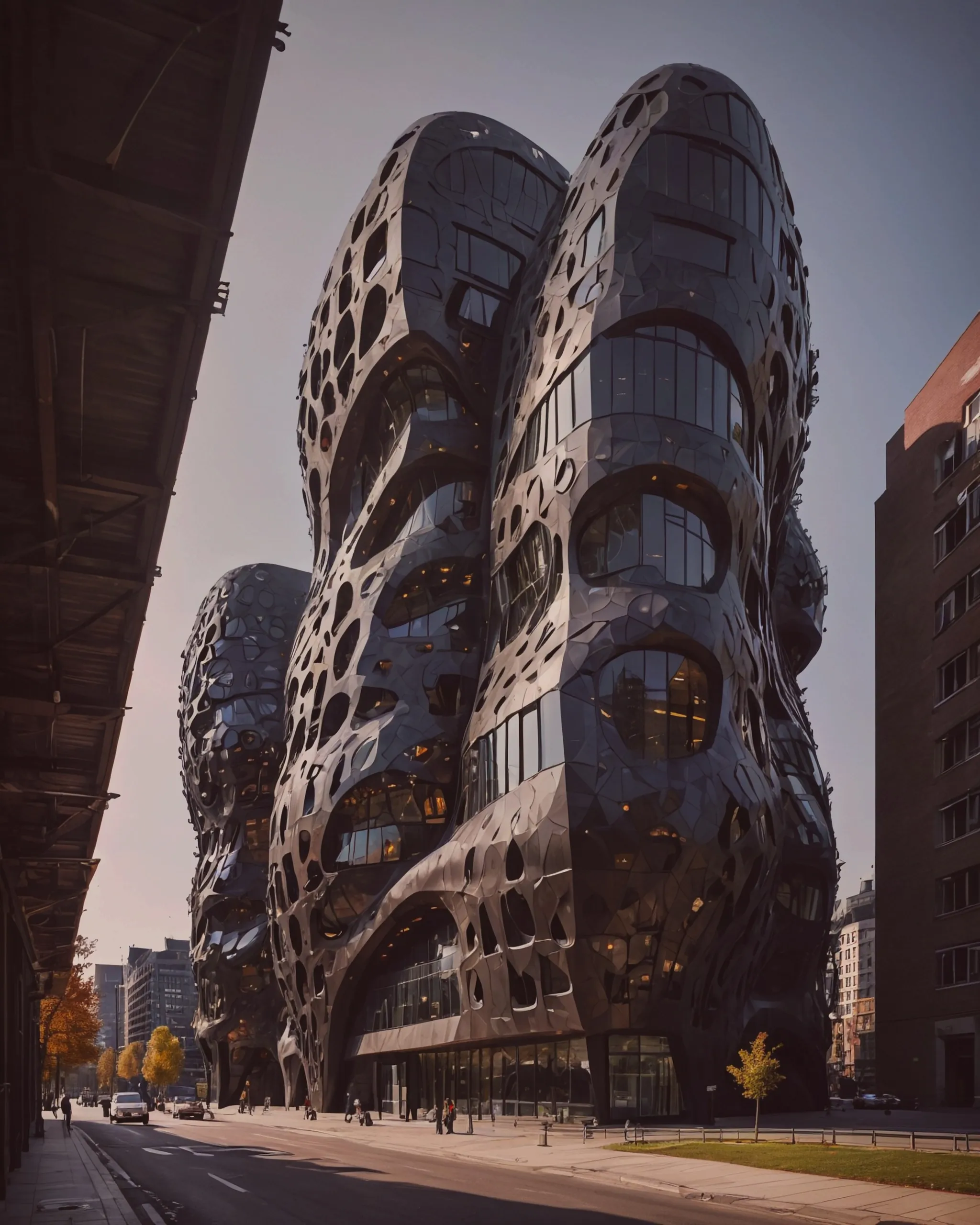 Biomechanical black parametric sustainable building, neat architectural photography
