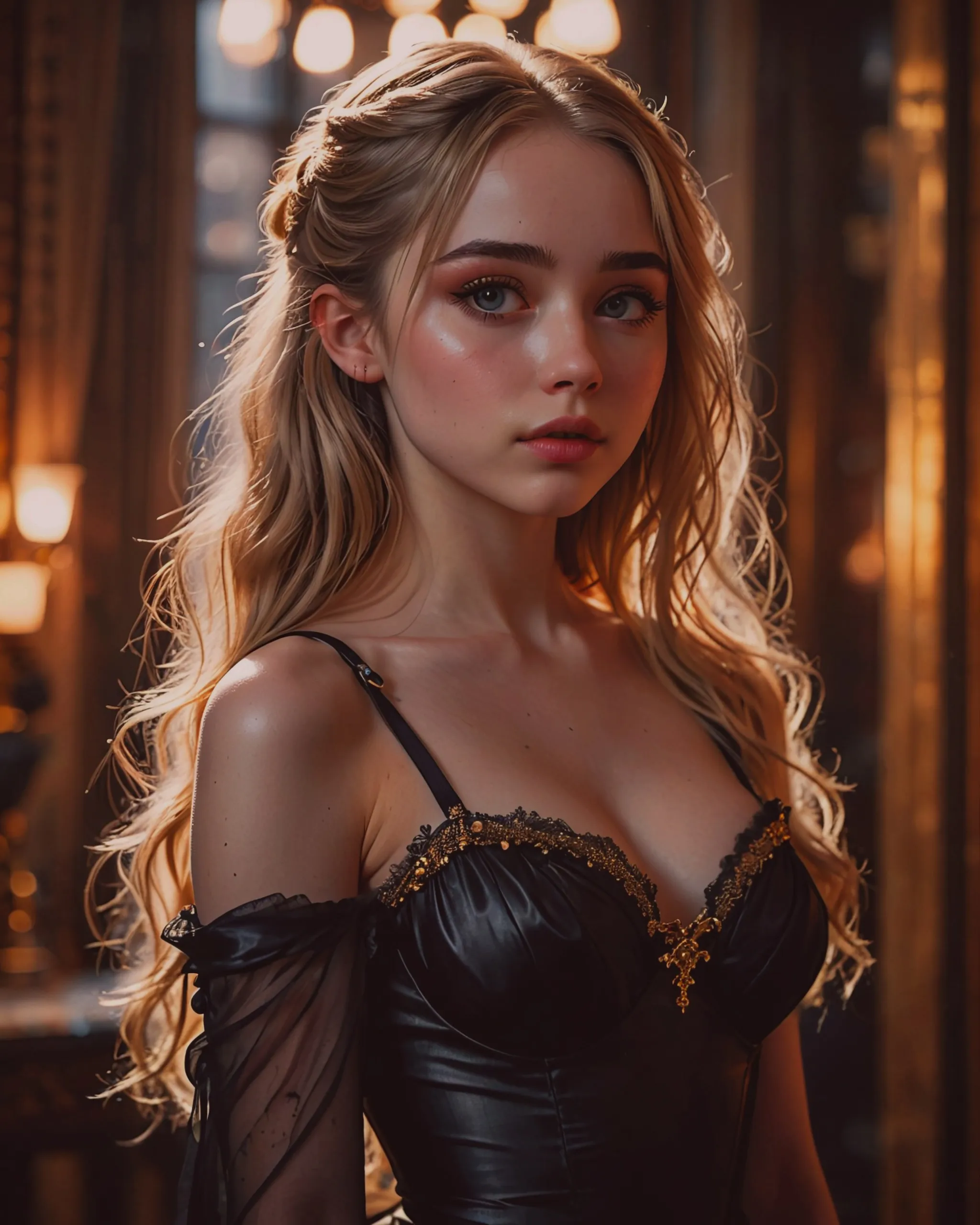 charming female anime character, over-the-shoulder shot, pale skin, long straight silky dirty-blonde hair, large expressive grey eyes, small nose, full lips, looking like Sabrina Carpenter, luxurious glittered black dress, corset, half-body shot, legs, dark bar background, bokeh, dynamic angle, glittered black room, true masterpiece, digital art, golden hour, backlit, photographic, realistic