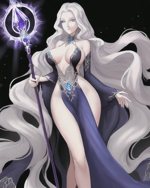 tall and elegant, with a graceful demeanor. She has long, wavy silver hair that cascades down to her waist, framing her delicate features. Her deep blue eyes give off a mystical aura, reflecting her affinity for magic. She dresses in a flowing robe adorned with intricate symbols and patterns, accentuating her slender figure. Elara carries a staff with a glowing crystal at the top, signifying her sorceress status.Mira