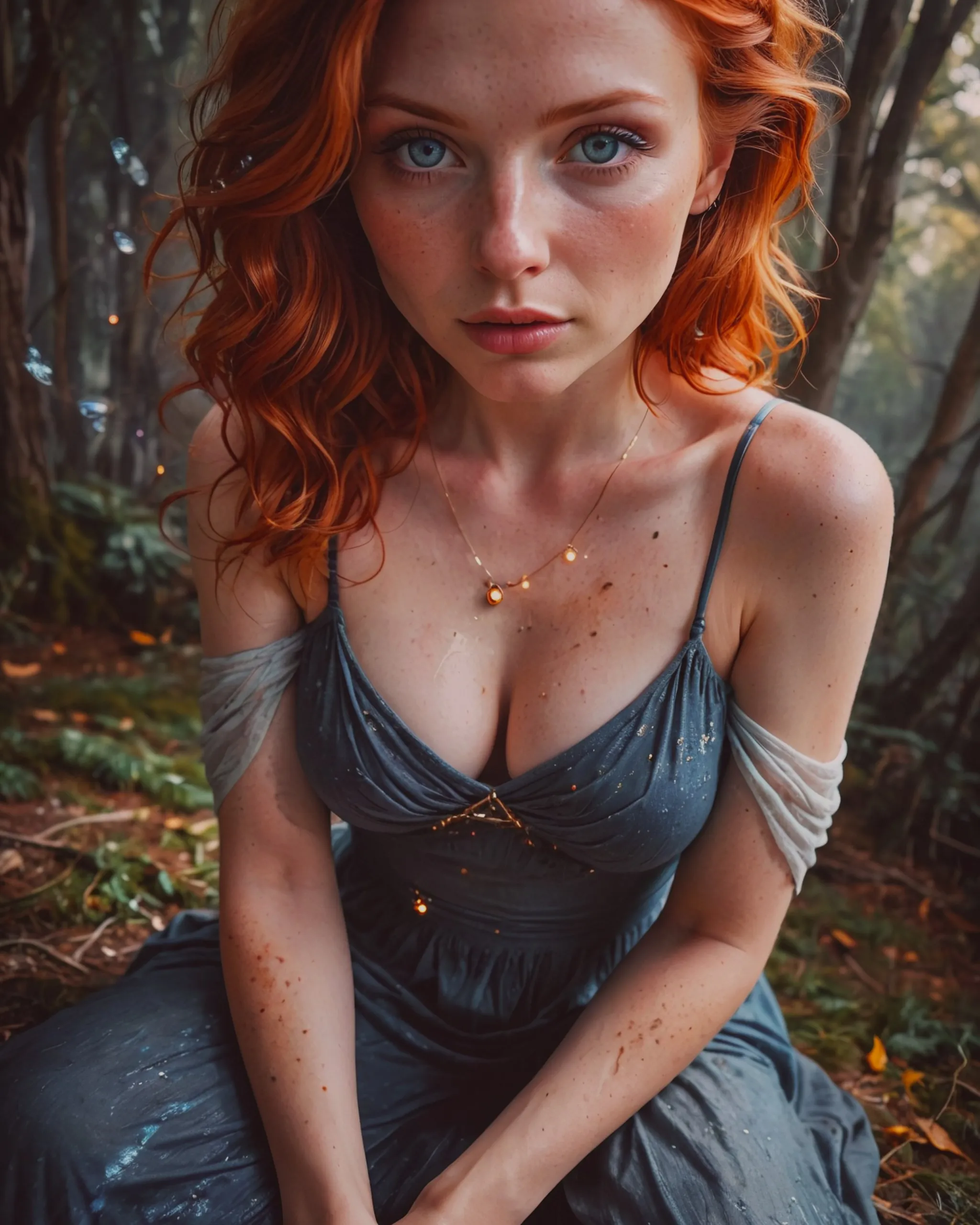 Redhead, enchanted forest, spaghetti strap shirt, mystical, photorealistic 