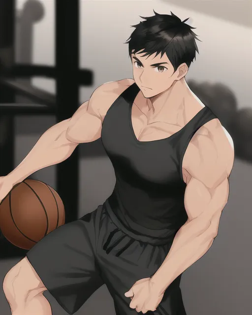 Black haired man, brown eyes, muscular, light tan skin, wearing black tank top, black gym shorts, basketball