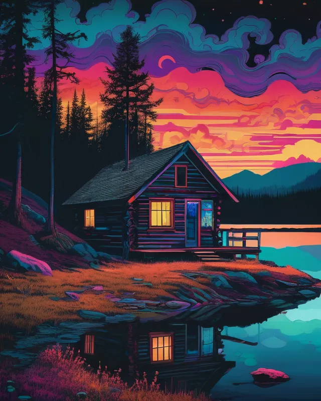 psychedelic art of a small cabin on the edge of the lake, with a somber and eerie undertone