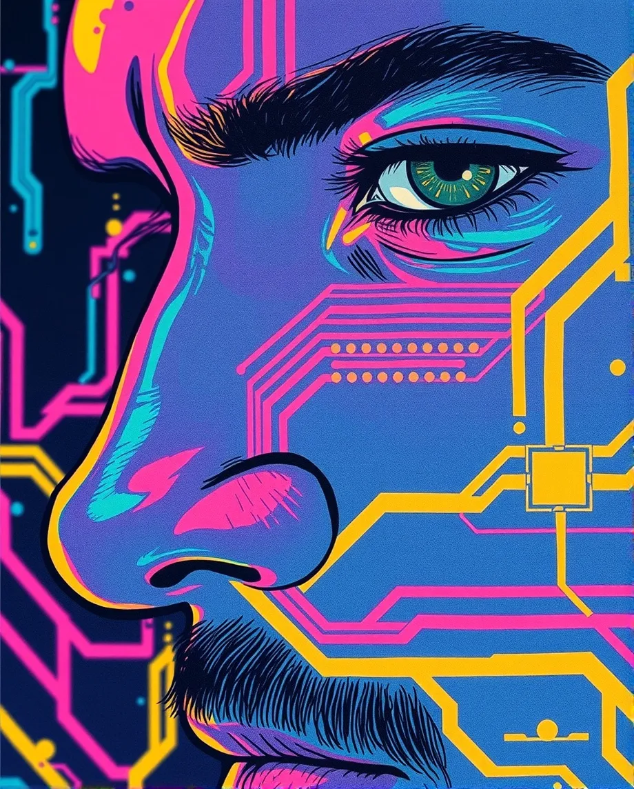 Man’s 3 quarter face, circuitry, micro chip, technicolor, cyber pop culture, extreme close up, post modernism, super colourful pop-art, psychedelic colours, screen printed, vibe, close up, urban art, decay, futuristic, pensive, realistic, alternative street art, manga, cinematic, poster style, graphic novel cover