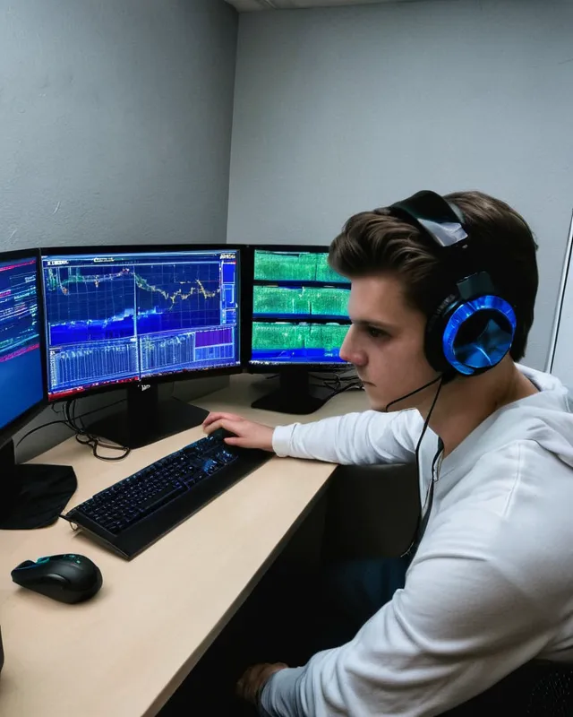 Oil painting of a 26-year-old boy sitting in front of a four-monitor setup. The first monitor displays a trading chart, the second shows the software panel of video editing software, the third screen features a scene from a horror movie, and the fourth screen has Google Sheets open. The boy sits on a gaming chair, a table fan running behind him. The wall behind him bears the phrase 'I can do'. He wears a gaming headset and holds a cigarette in his hand.