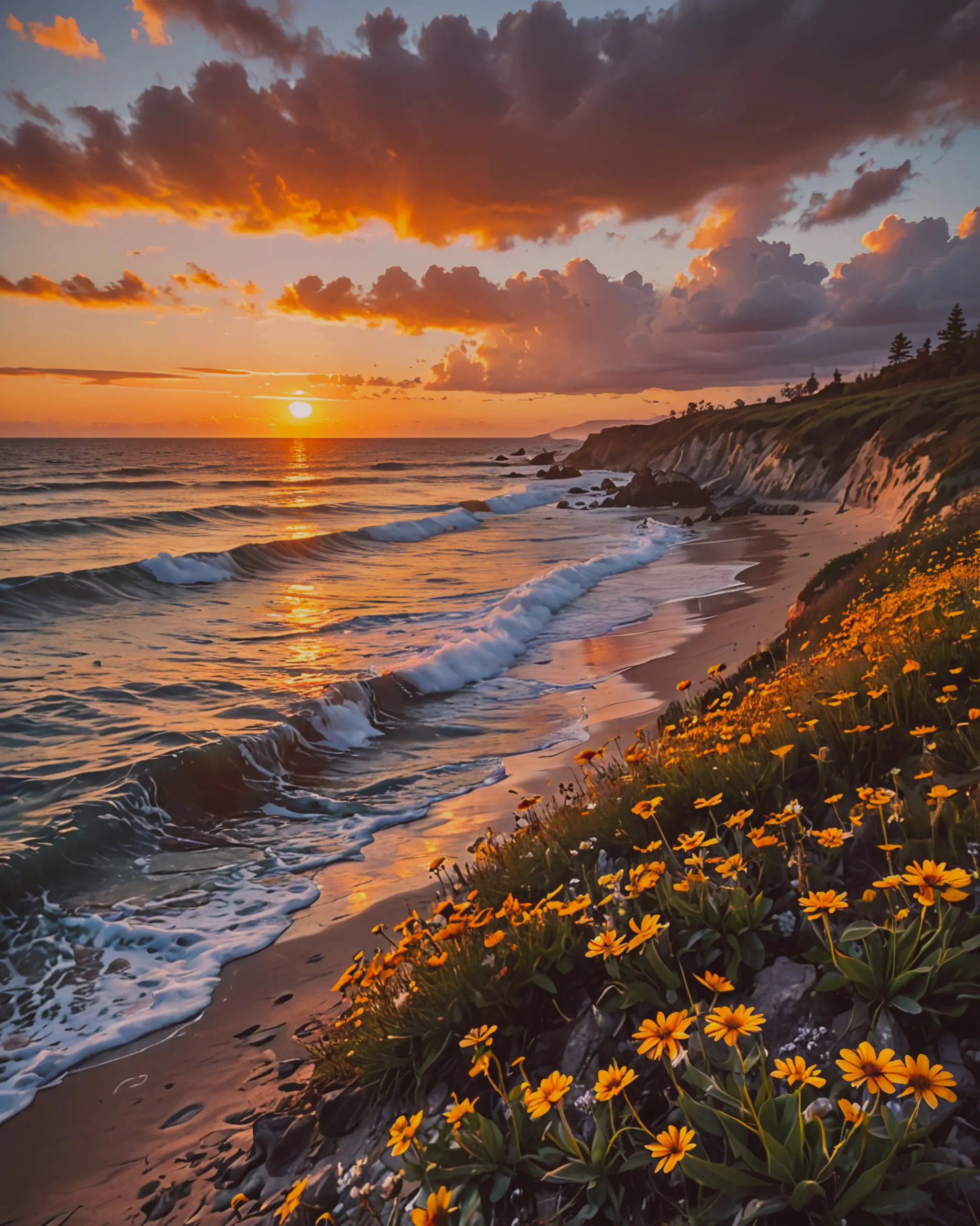 A breathtaking landscape at sunrise, where the horizon is painted with warm hues of orange, pink, and gold. The sun is just beginning to peek over the edge of a tranquil ocean, casting a gentle glow across the water. In the foreground, a field of wildflowers sways gently in the morning breeze, their vibrant colors adding to the scene's hopeful and serene atmosphere. Soft, fluffy clouds drift lazily across the sky, reflecting the dawn's radiant colors.