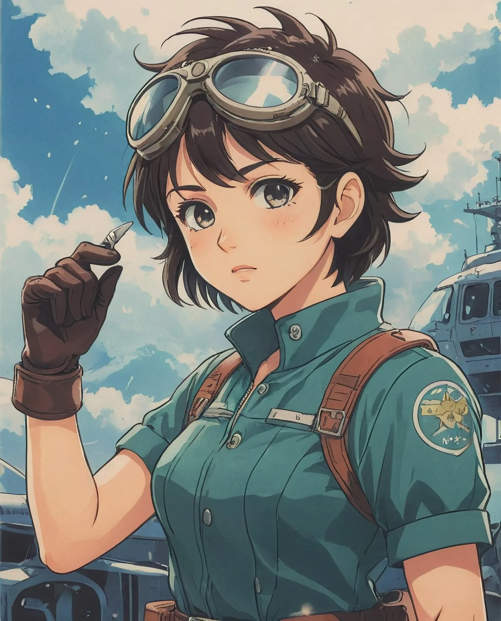 Cute girl, short spiky hair, goggles, gloves, pilot