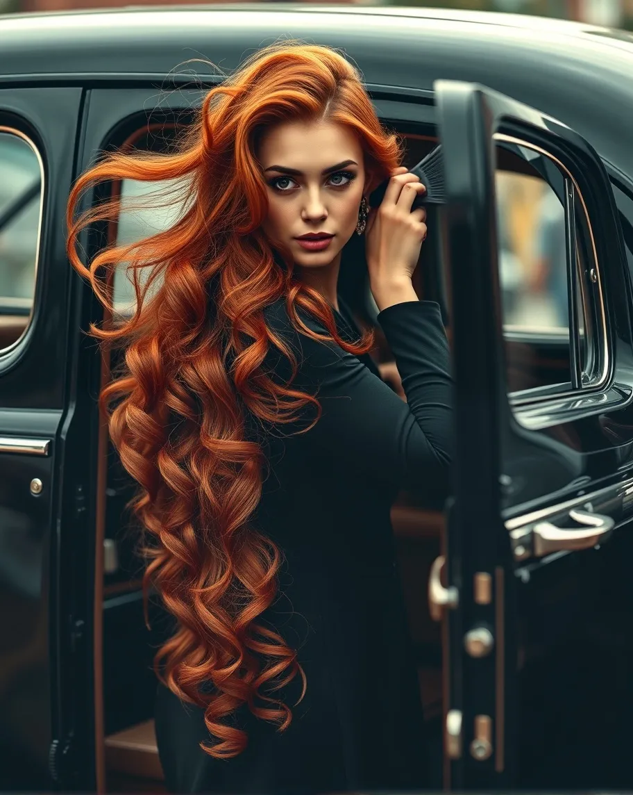 A gorgeous woman with very long red hair has just exited a 1940s black car. The wind has moved her hair into disarray and her curls are everywhere and she is brushing her hair. 