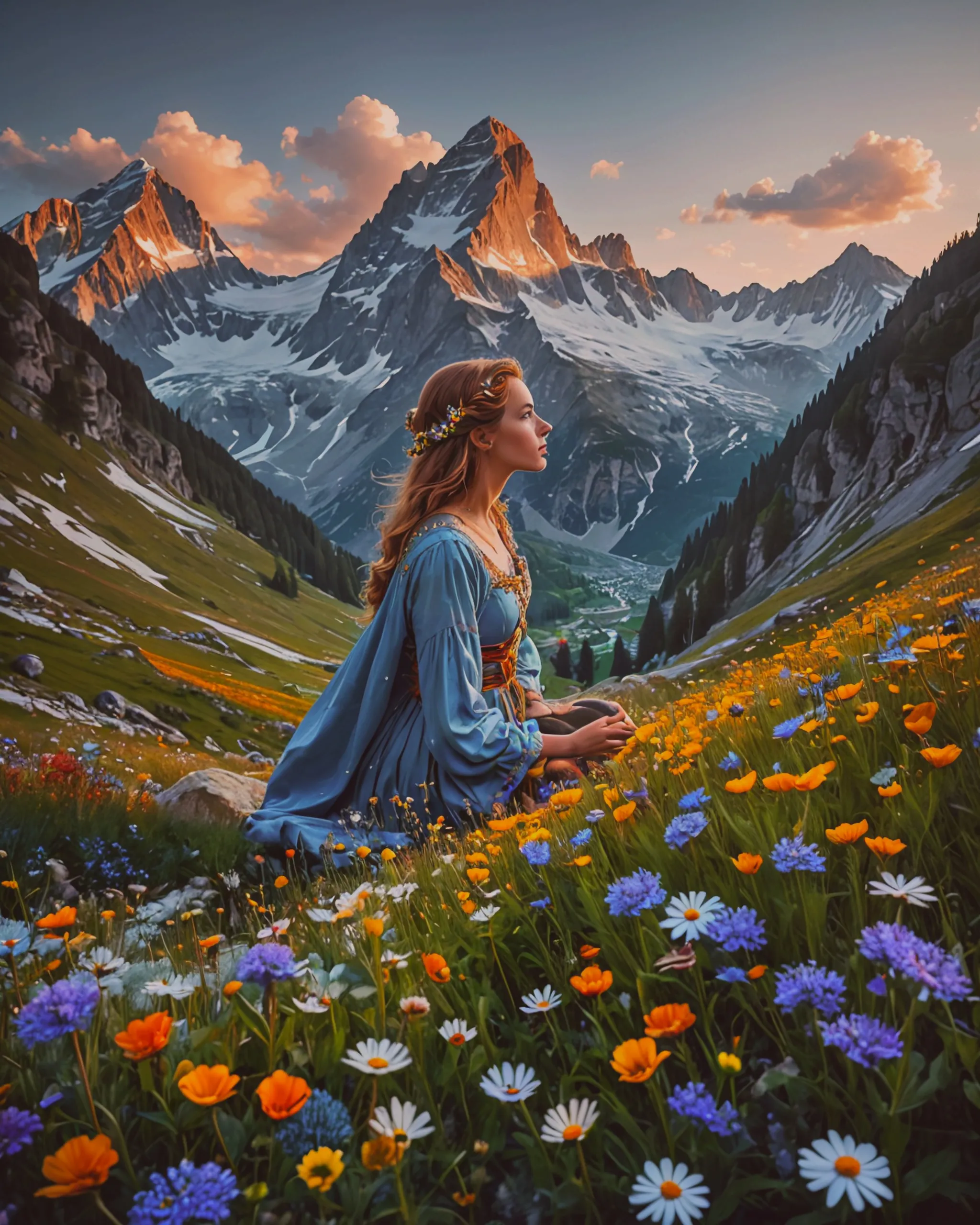 Alpine capped mountains fields - Free AI Photo Generator - starryai
