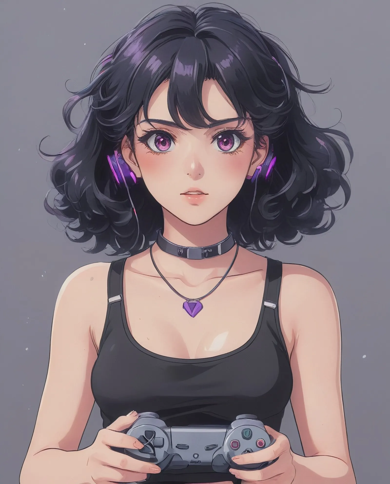 Gamer girl with black and purple glowing headphones, black curly hair, red eyes, grey crop top and a silver necklace, holding a PlayStation controller