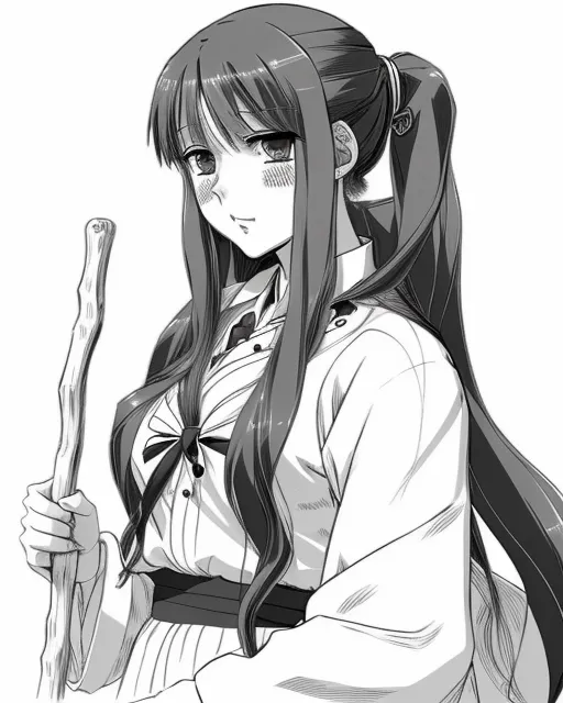 A young woman with really long hair, wearing a classy dress, smaller nose, bigger eyes, holding a staff