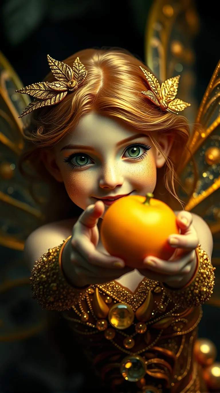 Golden Glitter Fairy is pointing an Orange to the viewer, dynamic new style composition, gentle barely visible smile on the Fairy face leaves the viewer speechless, bright colors, 8k, hyper detailed, studio quality, bright colors, realistic shadows, unique artistic masterpiece 