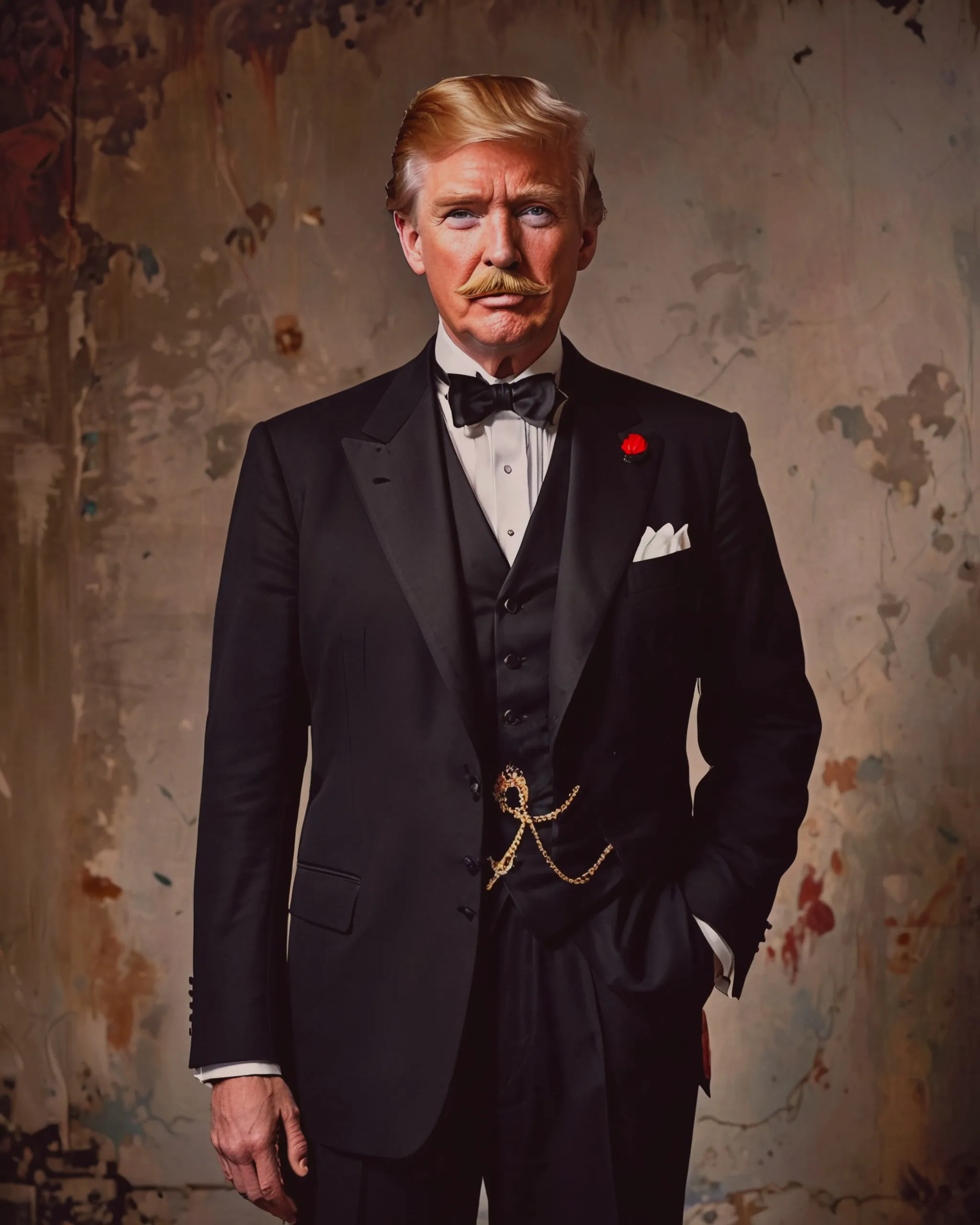 A portrait of Donald J Trump wearing a smart 1940s Hugo Boss suit with a red armband and a small black Charlie Chaplain mustache.