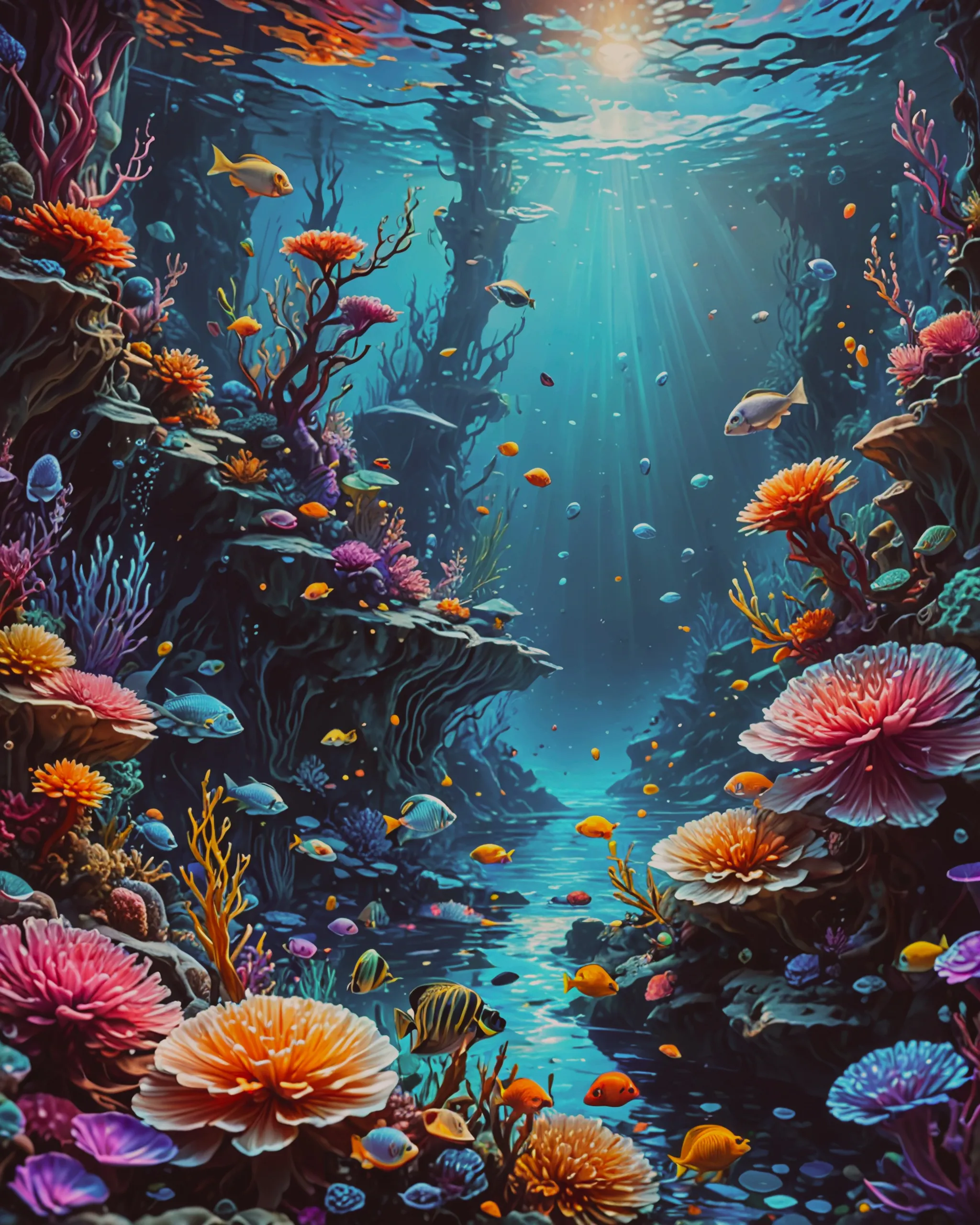 Beautiful. Colorful. Underwater heaven. Surrounded by colorful blurred figures., abstract expressionism, hyperrealism, digital painting,  digital illustration,  extreme detail,  digital art,  4k,  ultra hd