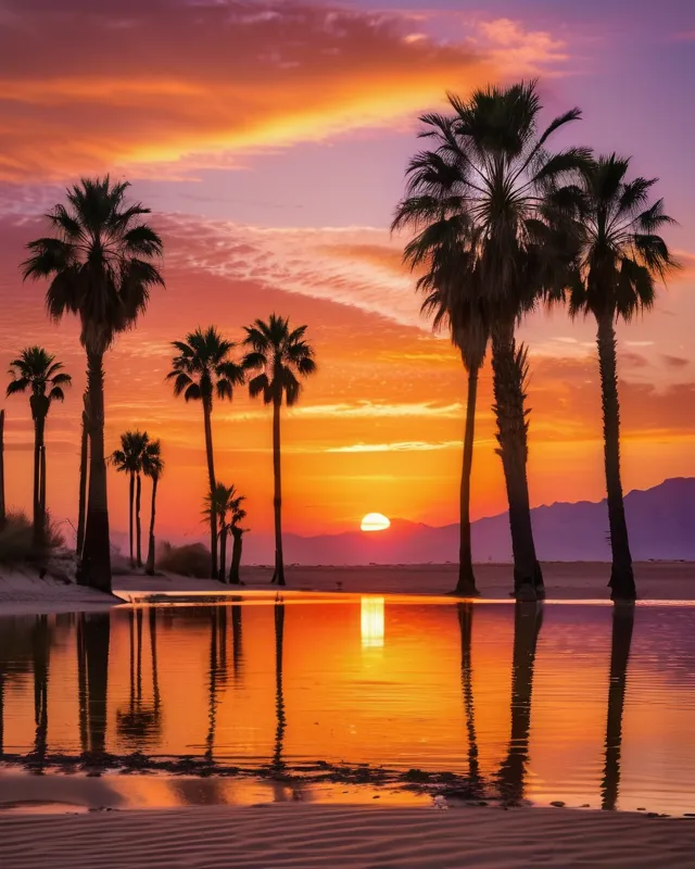 An oasis in the vast Sahara Desert at sunset, the golden sun dipping below the horizon. Its warm light reflects on the tranquil water, casting a glowing, orange-pink hue across the scene. Palm trees line the water’s edge, their silhouettes stark against the colorful sky. The intense heat creates a mirage, warping the reflection of the setting sun and turning the scene into an abstract painting. The sand dunes ripple in soft waves, blending hues of gold, purple, and coral, as the oasis seems to melt into the desert in a surreal, dreamlike way