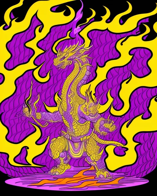 Old style drawing Japanese dragon god stand his ground with flames all around him in purple, yellow and orange flames around him in Tokyo 