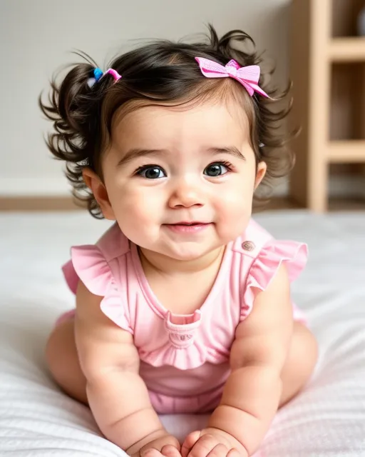 Design me a small, cute, fluffy and charming fictional baby character, with cute smile, wavy hairs and relaxing eyes. Character must have a smooth and soothing look.