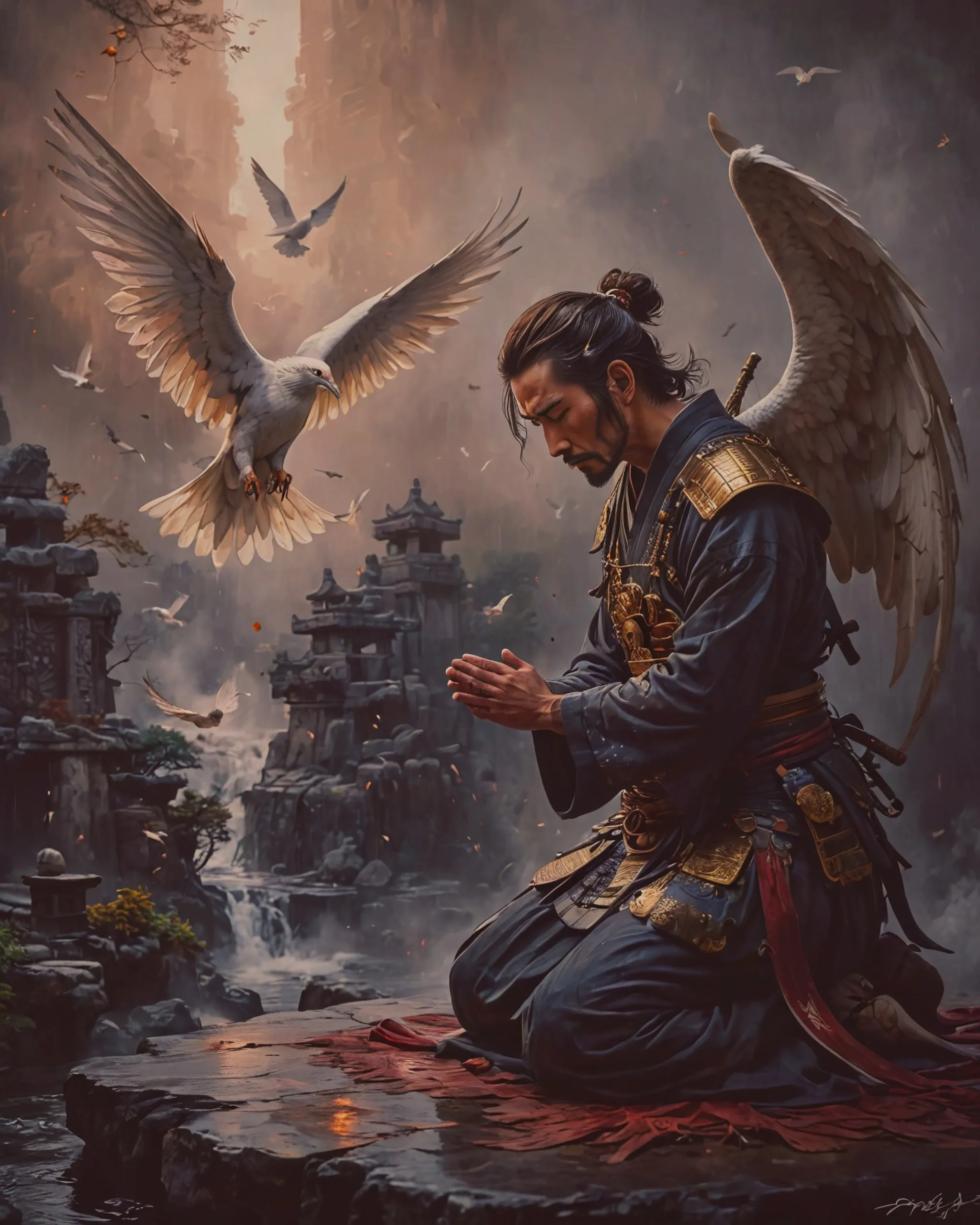 Japanese samurai, man, angel - Free AI Photo Generator - starryai